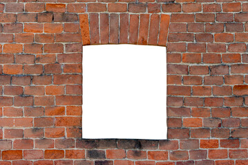 Antique brick window on red brick wall. Elements of architectural decoration. Red brick frame.