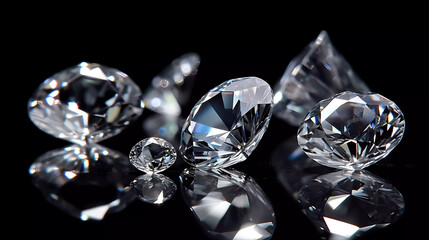 Diamond with reflections of light, on a black background. Generative AI technology.
