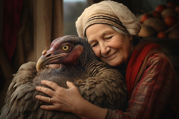 Heartwarming Friendship: A Joyful Grandmother and Her Giant Turkey Companion - obrazy, fototapety, plakaty