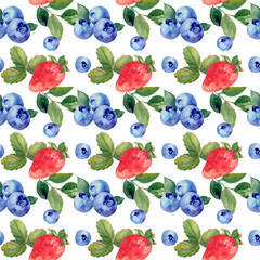 Watercolor seamless pattern with strawberries and blueberries. Juicy ripe berries. Summer print for menu and kitchen