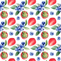 Watercolor seamless pattern with strawberries and blueberries. Juicy ripe berries. Summer print for menu and kitchen