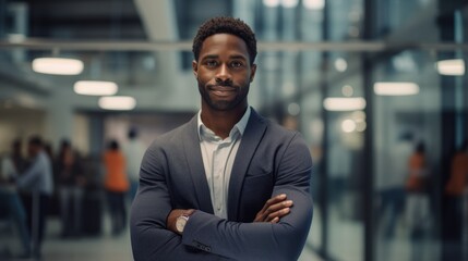 Young confident black man in front of a blurred modern office
