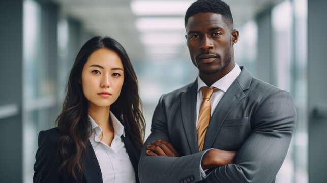 Asian woman and african man. Modern confident couple of employees