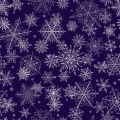 Fototapeta na wymiar Christmas seamless pattern of beautiful complex white snowflakes on dark blue background. Winter illustration with falling snow