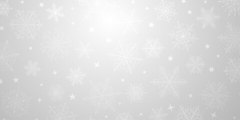 Christmas background of beautiful complex snowflakes in gray colors. Winter illustration with falling snow