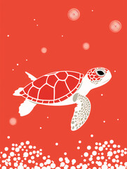 Sea turtle floating on on red background - minimalist style, generative AI