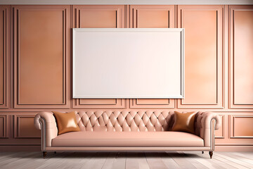 Beige living room in vintage style featuring a leather sofa. Horizontal blank frame on the wall for mockup.