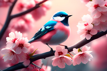 Adorable little bird on a cherry blossom branch.