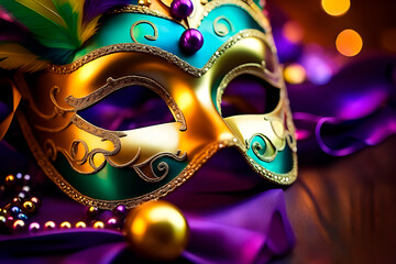 Close up on a  golden Mardi Gras masquerade mask. Table with venetian carnival accessories. 


