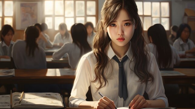 Korean girl at school. Cartoon style. Beautiful Asian teen girl.
