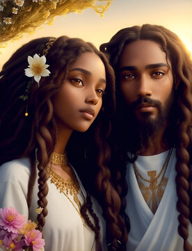 Jesus and Miriam Magdalene with black skin, long locks and white robes