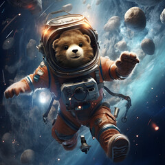 Hyper realistic astronaut  bear in full helmet floating in space 