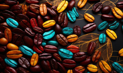 Colourful coffee beans, abstract coffee texture, backdrop. AI generated illustration. 