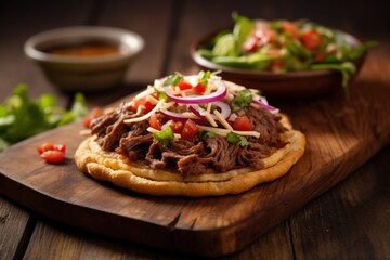 tostada with beef on a wooden board.Mesican, Latin American cuisine