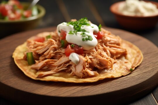 tostada with chicken on a wooden board.Mesican, Latin American cuisine