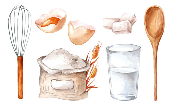 set of watercolor illustrations of baking for a pastry shop. Ingredients for the recipe isolated on white background. Eggs, milk, flour and whisk for dough
