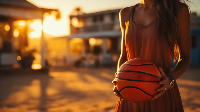 Beautiful Woman Hold Basketball Ball Stand Outdoor