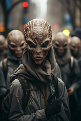 aliens in the city group of extraterrestrials invasion concept - obrazy, fototapety, plakaty