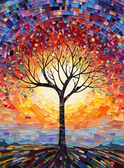 Abstract tree in the form of a rainbow on a background of colored squares