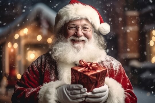 Cheerful Santa Claus holding a christmas gift in a Snowy Winter Night