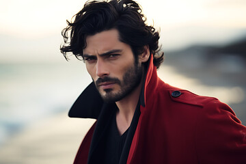 A mystical handsome man of Mediterranean style with black hair. Red coat, blurred background