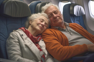 An elderly couple relaxing and sleeping on the airplane while it's flying, enjoying the sensation of being in the clouds