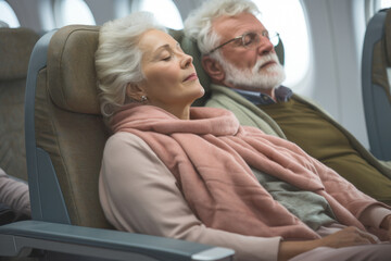 A retired couple making the most of a long airplane journey to recharge their energy and sleep.