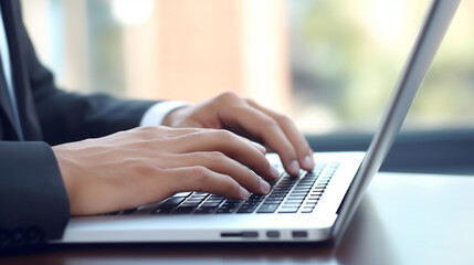 Generative AI, hands typing on a laptop, office work, remote work, computer, screen, keyboard, businessman, internet, coworking