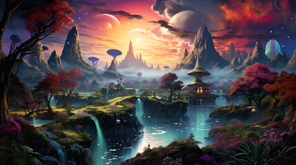 Incredible, surreal, highly detailed fantasy psychedelic landscape of giant mushrooms, fantasy, wonder, dreams and consciousness