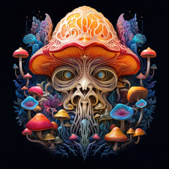 Representation in a logo format of a psychedelic landscape with magic mushrooms and wizards