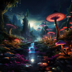Incredible, surreal, highly detailed fantasy psychedelic landscape of giant mushrooms, fantasy, wonder, dreams and consciousness