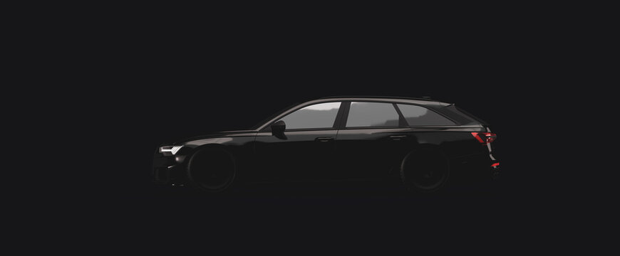 Audi rs6 avant car. 3d render on audi, cars, speed, movement.  Black color, minimal style. Side view close-up.