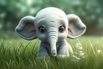 Cute baby elephant sitting in the grass. 3d illustration