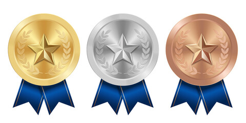 Golden silver and bronze award sport medal with blue ribbons and star