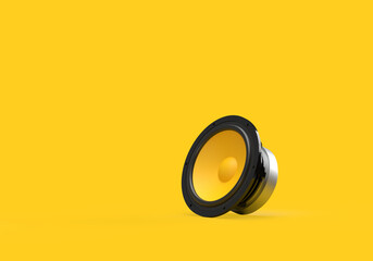 Speakers on a yellow background. 3d render on the theme of music, audio, sound, bass. Minimal style.