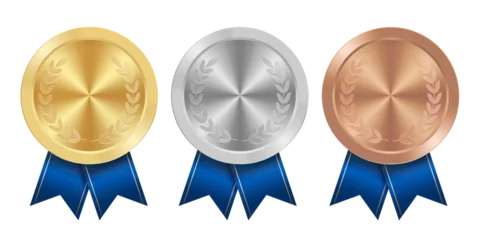 Golden silver and bronze award sport medal with blue ribbons © Eugene B-sov