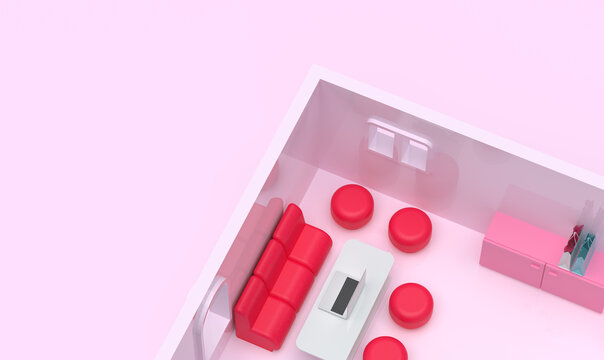 The house, the interior of the doll's room. Pink color. 3d render on the theme of barbie, toys, childhood, girls. Minimal style.