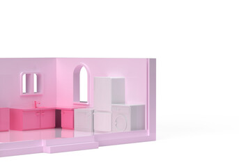 The house, the interior of the doll's room. Pink color. 3d render on the theme of barbie, toys, childhood, girls. Minimal style, transparent background.
