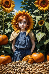 Pumpkin and sunflower seeds themed farmer girl