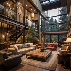 Interior of large modern house with two floors and forest background. Created using generative AI