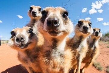Curious Meerkats group with Happy Expressions Looking at GoPro Camera in the Savanna - obrazy, fototapety, plakaty