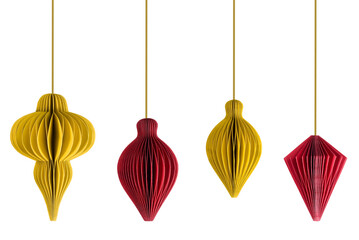 Group of golden and red paper honeycomb Christmas tree ornament decoration isolated cutout on transparent