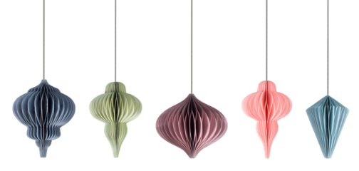 Group of pastel color paper honeycomb Christmas tree ornament decoration isolated cutout on transparent