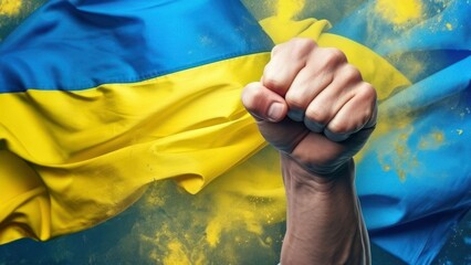 Man hand fist with yellow and blue color flag for Ukraine as a background, strong emotional impact, symbol of freedom and fight for freedom