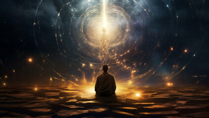 Yoga illustration relaxation zen lotus space energy universe star silhouette meditating spirituality science