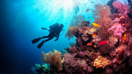 Scuba diver swimming across colorful seascape with coral, fish and sunlight