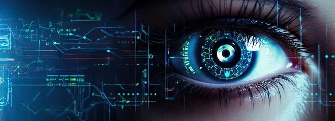 Foto op Plexiglas Close up female eyes as a biometrics eye scanning photorealistic futuristic digital cyber technology colourful facial recognition, dark background © 18042011