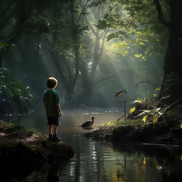 A boy and a duck in the forest on the river