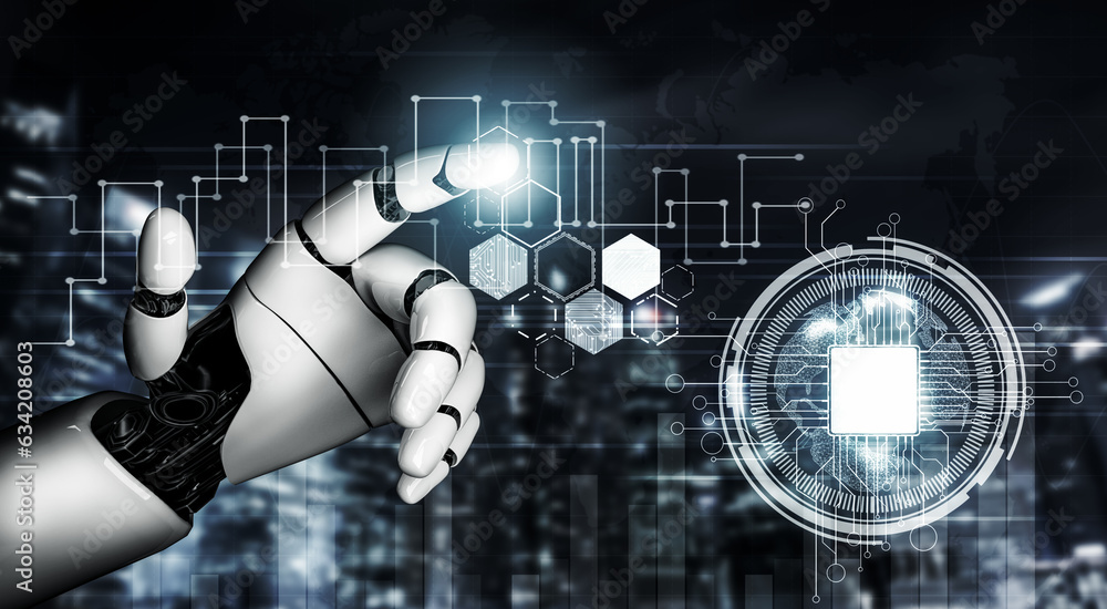 Poster futuristic robot technology development, artificial intelligence ai, and machine learning concept. g