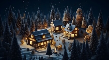 Winter nights, houses outside the city in mountains and conifer dense forests covered with snow. Christmas Illustration landscape background. Holiday happiness. 